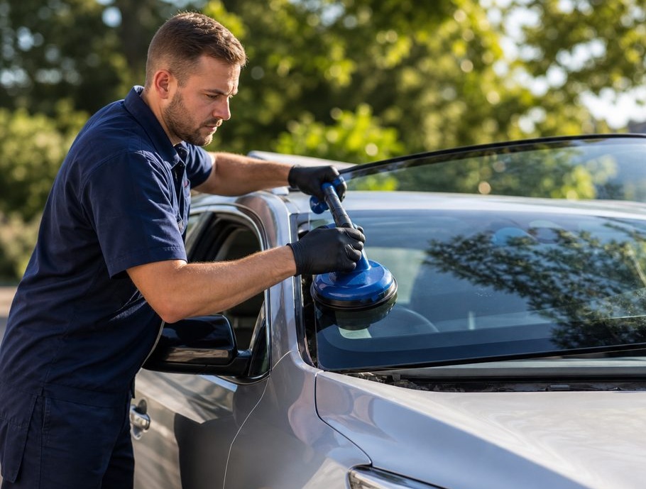 Mobile auto glass technician replacing a car windscreen in Brisbane